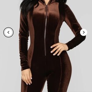 Velvet Zip-Up Jumpsuit in Deep Chocolate Brown Fashion Nova One Piece Fitted
